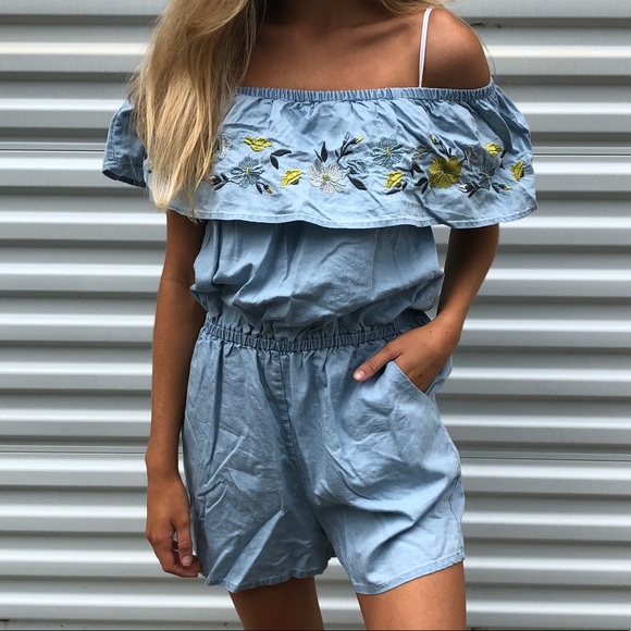 Love Tree Other - Jean floral off the shoulder romper size large
